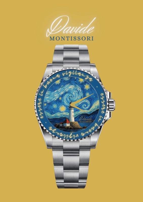 Silver watch with "Starry Night" design on face, featuring a lighthouse and swirling stars. "Davide Montessori" text above on a mustard background.