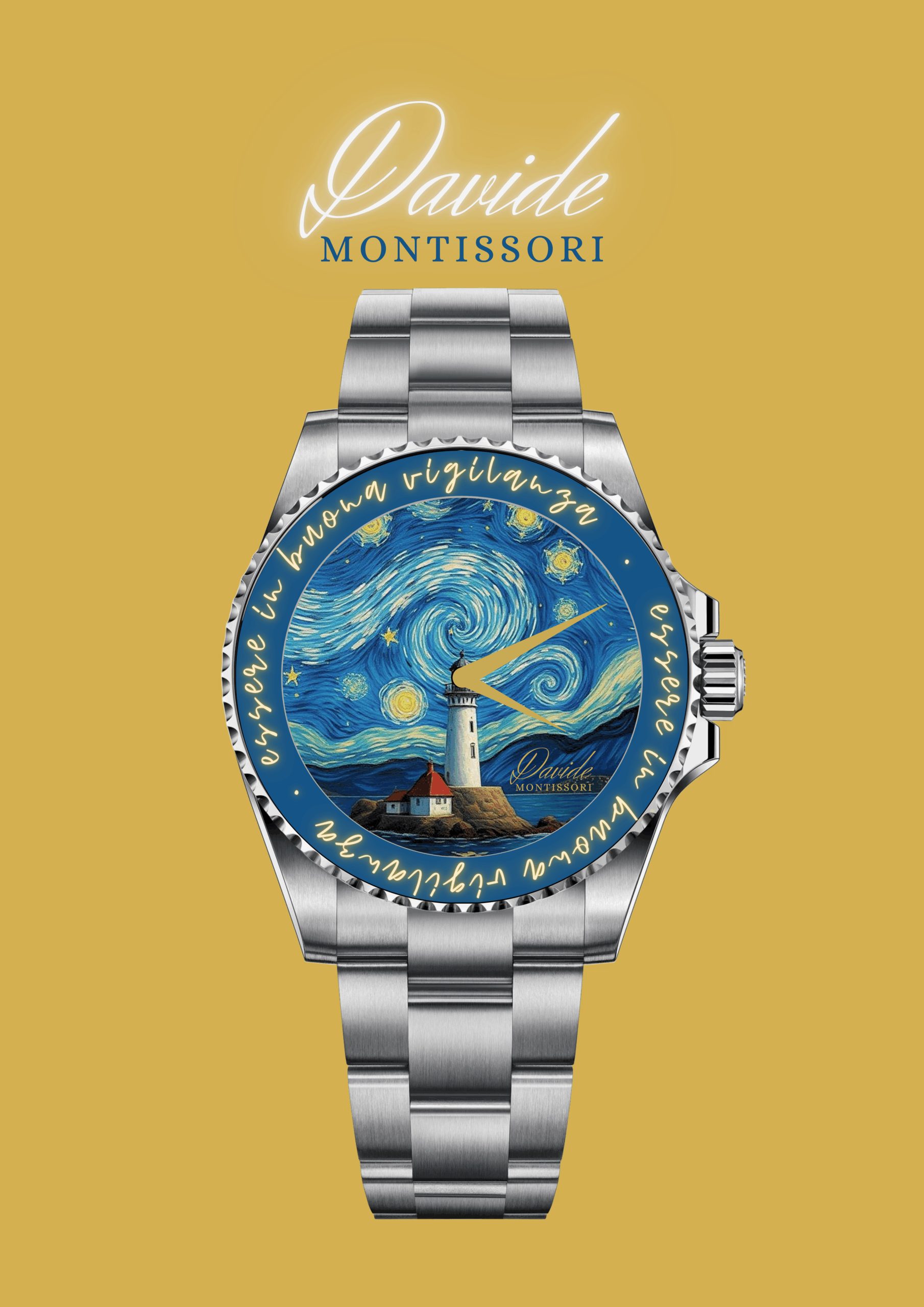 Silver watch with "Starry Night" design on face, featuring a lighthouse and swirling stars. "Davide Montessori" text above on a mustard background.