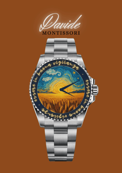 Silver watch with an artistic face featuring a sunlit wheat field and swirling clouds. "Davide Montessori" text above, set against a brown background.