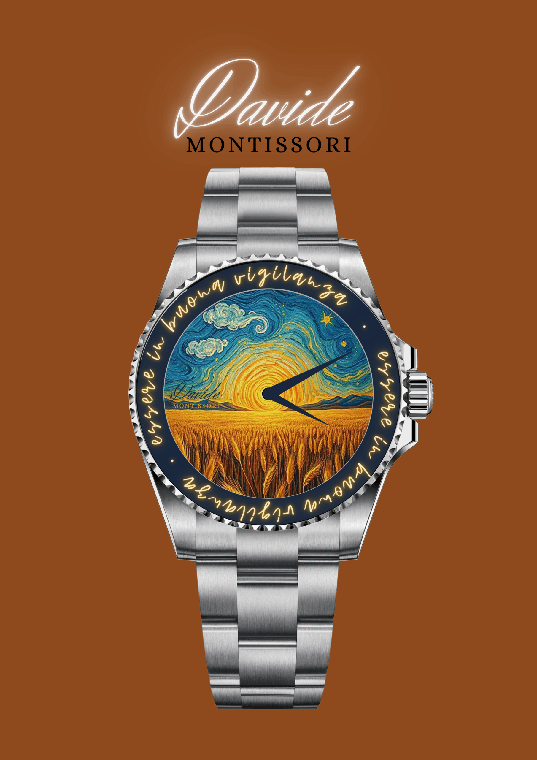 Silver watch with an artistic face featuring a sunlit wheat field and swirling clouds. "Davide Montessori" text above, set against a brown background.