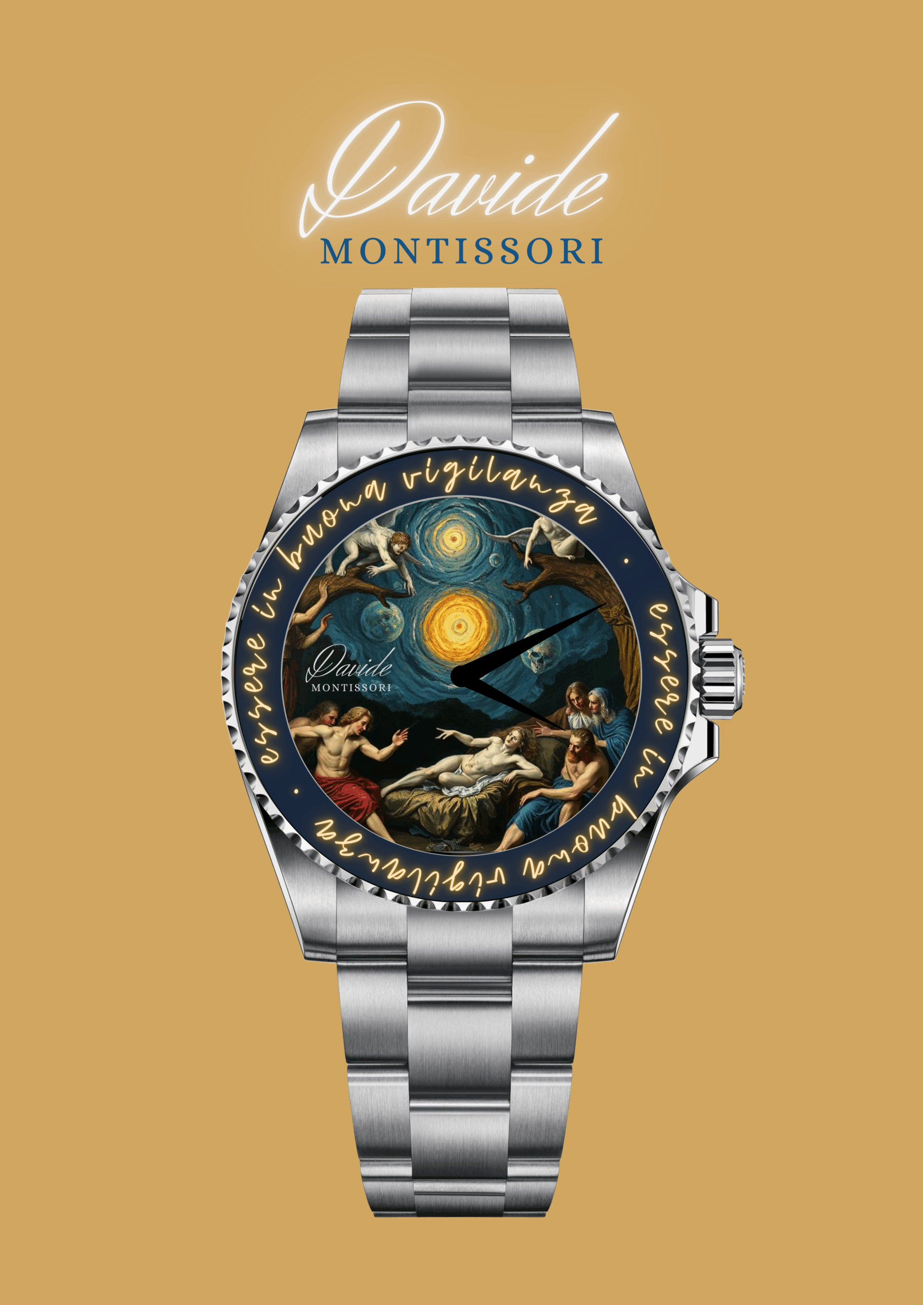 Silver watch with classical art on the dial, featuring celestial imagery and figures in flowing robes. Brand name "Davide Montissori" is above. Elegant and artistic design.