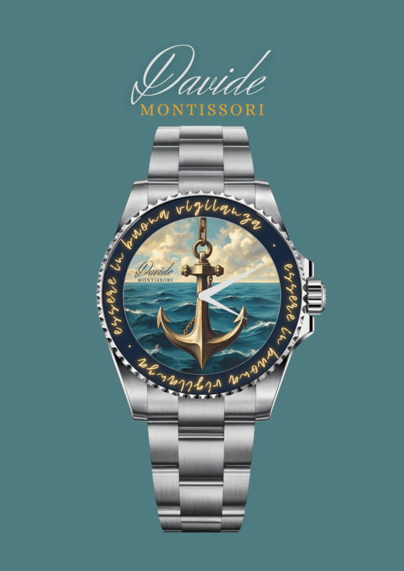 Silver watch with anchor design on the face, surrounded by the phrase "essere in buona vigilanza" in Italian. Elegant and nautical theme.