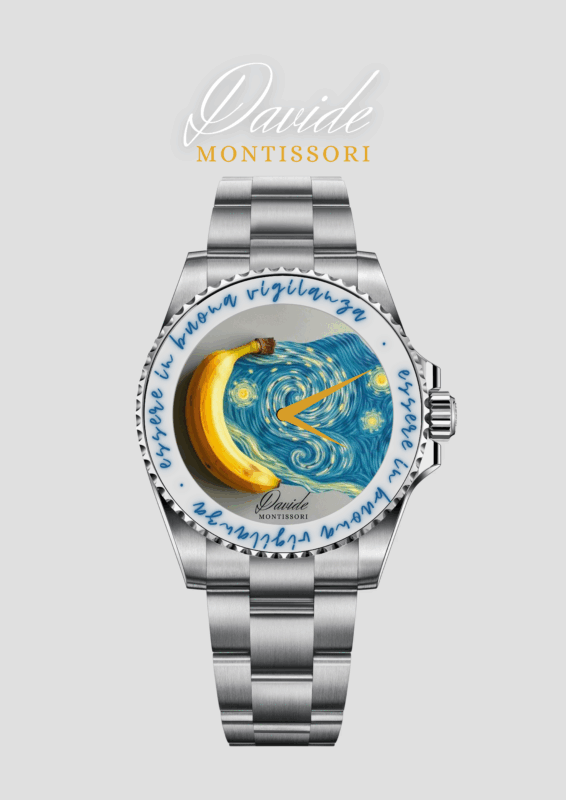 A luxury watch with a silver metal band and a whimsical dial design. The face features a banana beside a swirling pattern reminiscent of Van Gogh's "Starry Night," with cursive text around the edge.