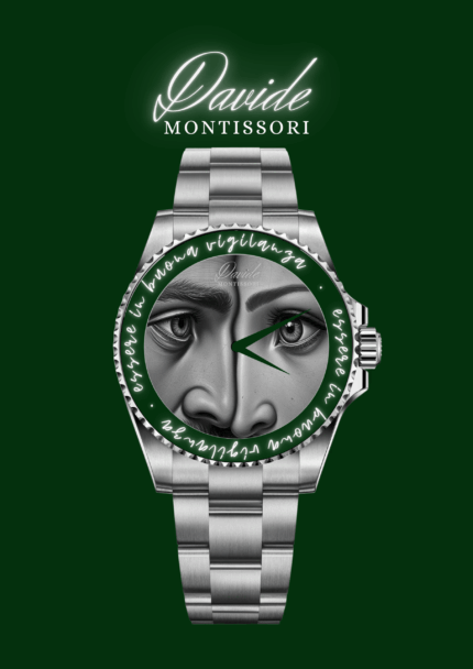 Silver watch on a dark green background featuring a detailed grayscale face in the dial. "Davide Montessori" text is glowing above, with an elegant tone.