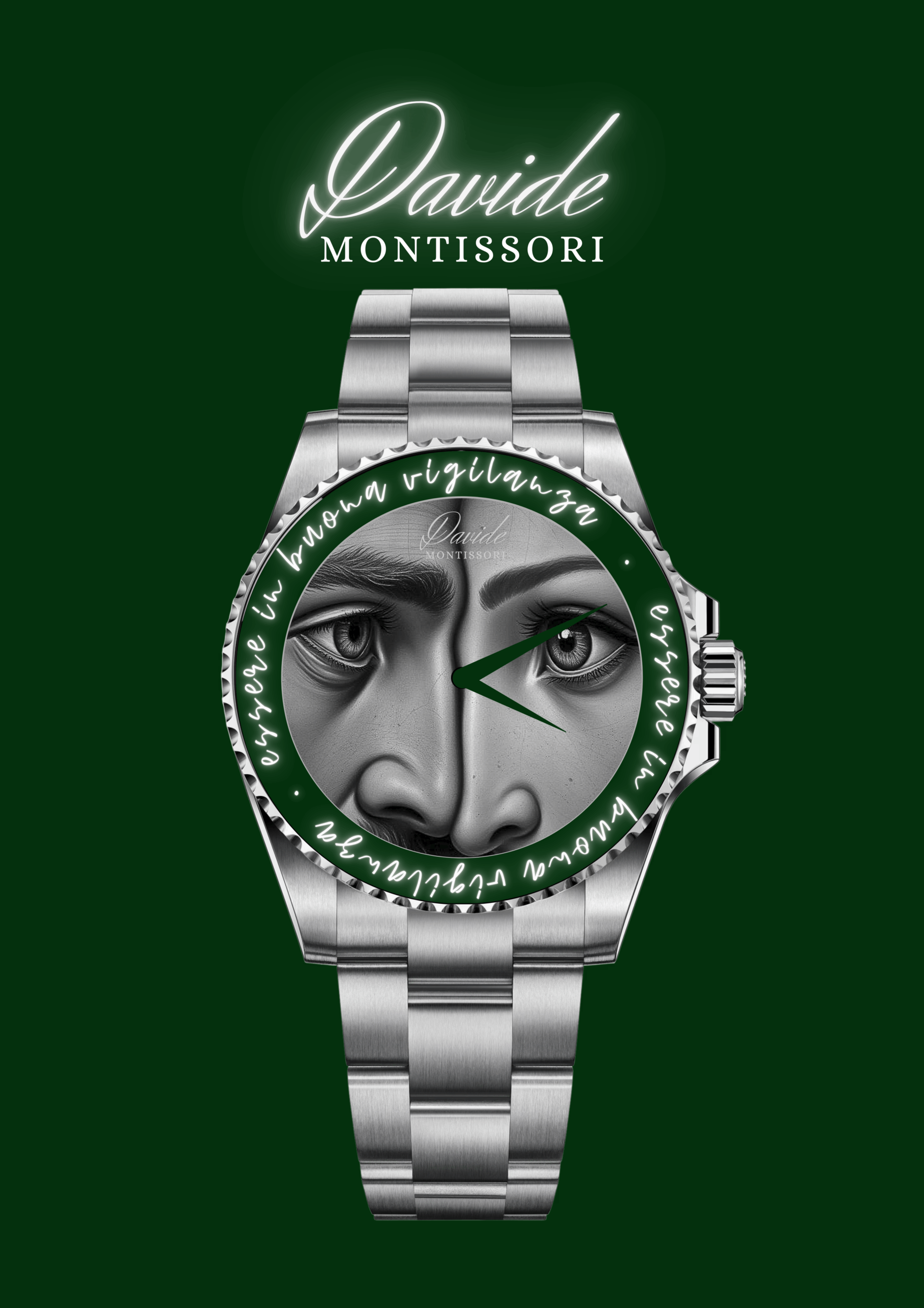Silver watch on a dark green background featuring a detailed grayscale face in the dial. "Davide Montessori" text is glowing above, with an elegant tone.