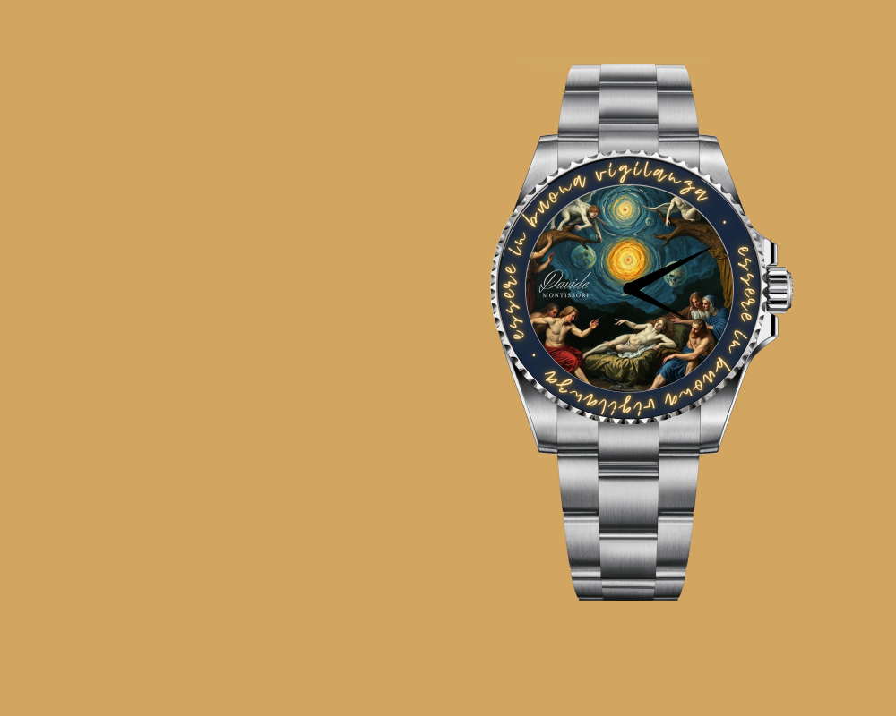 A silver watch with a stainless steel band against a mustard background. Its face displays a classical painting with celestial imagery and figures, bordered by cursive script.
