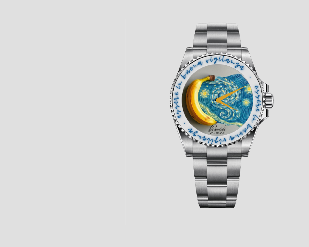 A silver wristwatch with a dial depicting Van Gogh's "Starry Night" and a banana. The outer ring has blue cursive text. The tone is artistic and whimsical.