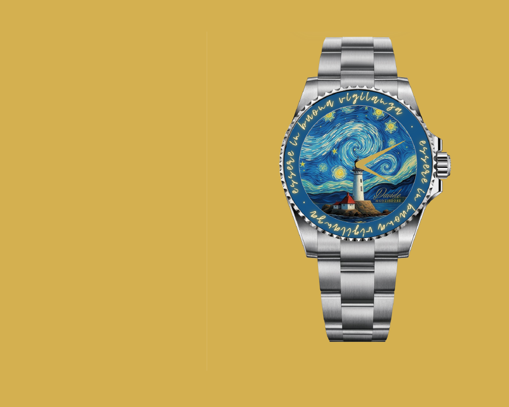 Silver watch features a "Starry Night" design on its face, showcasing swirling blue skies and a lighthouse. Script encircles the face on mustard yellow background.