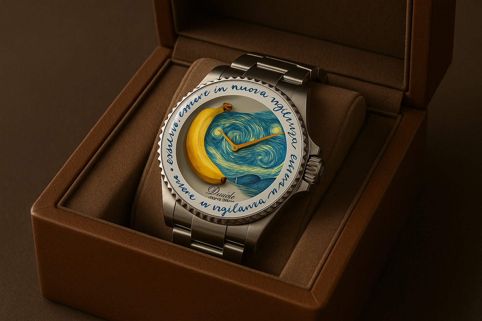 Stainless steel watch in a brown box featuring a dial with swirling blue and yellow patterns, resembling "The Starry Night," and a banana image.