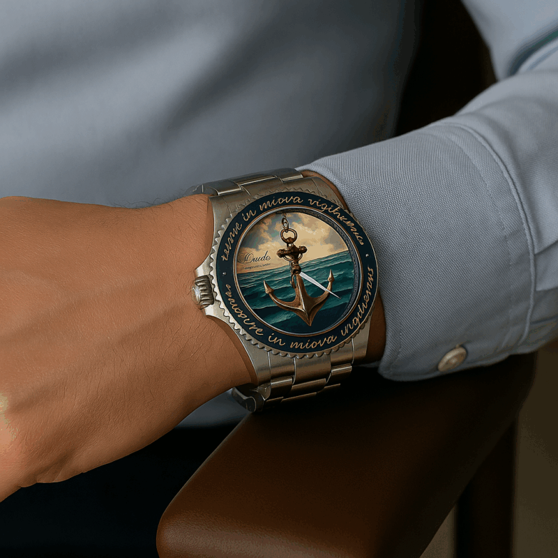 A person wears a silver watch featuring an anchor floating in ocean waves on the dial, creating a nautical theme. The mood is elegant and adventurous.